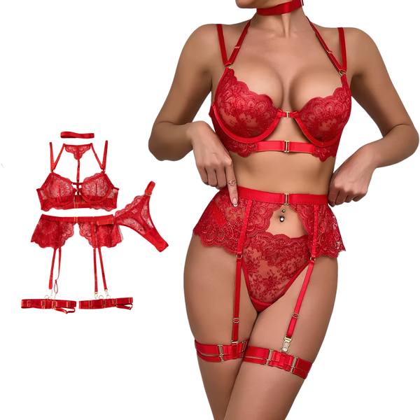 Sexy Kanten Lingerie Set Rood - BH, String & Jarretelgordel - Met Beugel - Verstelbare Bandjes - Rood Kant - Vrouwen / Dames Ondergoed - Maat L
