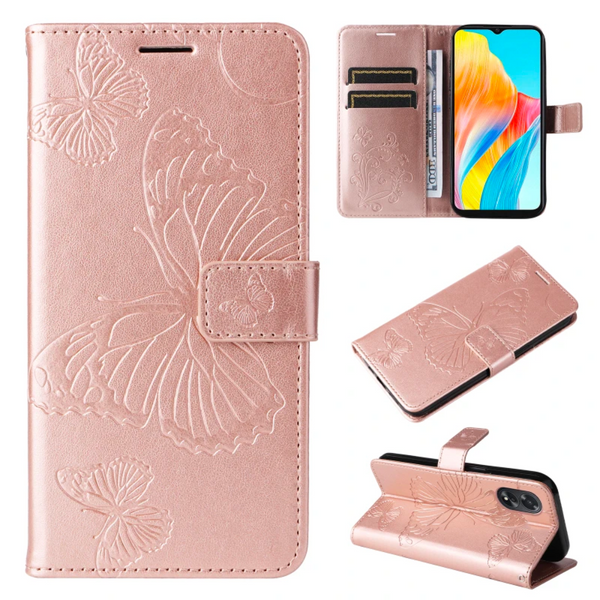 [EOL] Hoesje Vlinders Roze - Geschikt voor OPPO A38  - Portemonnee Book Case - Boekje Met Kaarthouder / Pasjeshouder en Magneetsluiting - Booklet Beschermhoes - Boekhoesje met Draagkoord