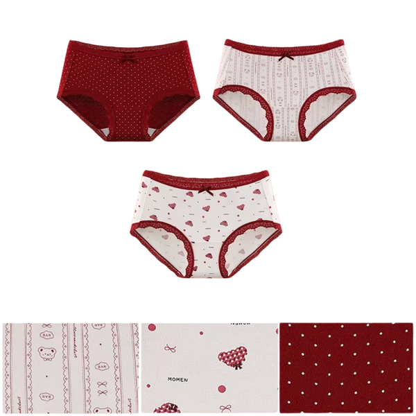3 Pack - Schattige Dames Slip - Rood & Wit - Teddybeer Design - Kant met Strikje - Onderbroek 95% Katoen - Cute Dames Lingerie / Ondergoed Set - Maat XL