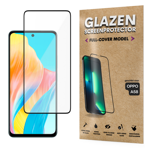 Screenprotector - Geschikt voor OPPO A58 - Gehard Glas - Full Cover Tempered Glass - Case Friendly