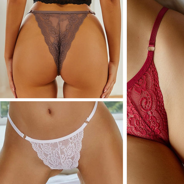 [EOL] 3 Pack - Luxe Dames String met Kant - Rood, Nude & Wit - Sexy Lingerie Dames / Ondergoed Set Vrouw - High Waist - Maat S