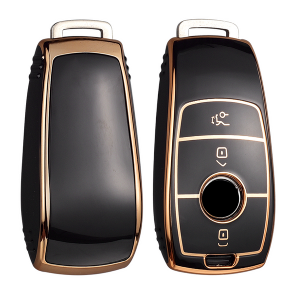 Zachte TPU Sleutelcover - Sleutelhoesje Geschikt voor Mercedes G Klasse / C Klasse / GLE / CLA / GLA / GLB / GLS / AMG - Zwart - Randen Goud - Sleutel Hoesje Cover - Auto Accessoires
