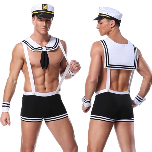 4-Delig Sexy Heren Kostuum - Zeeman / Sailor / Kapitein - Boxer met Bretels, Pet, Kraag en Polsbanden - Zwart & Wit - Mannen - Heren Lingerie - Vrijgezellenfeest - One Size