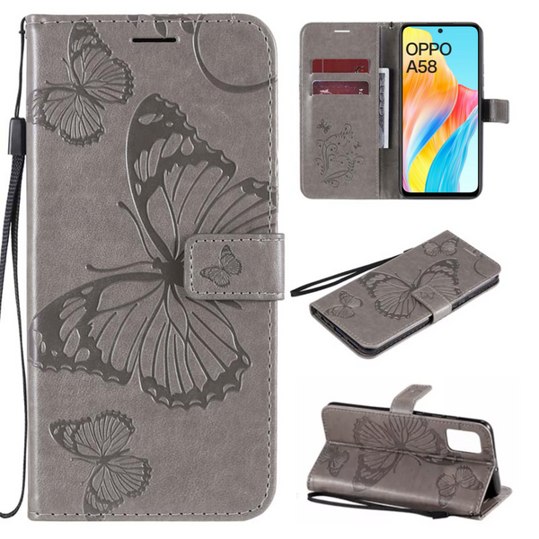 [EOL] Hoesje Vlinders Grijs - Geschikt voor OPPO A58 - Portemonnee Book Case - Boekje Met Kaarthouder / Pasjeshouder en Magneetsluiting - Booklet Beschermhoes - Boekhoesje met Draagkoord
