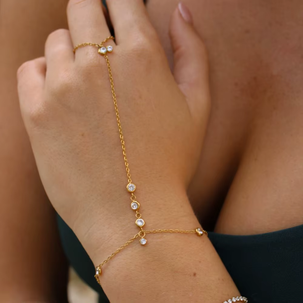 Handketting - Goud - Ketting Met Diamantjes - Handsierraad Goudkleurig - Armband & Ring Dames - Hand Sierraad Ketting