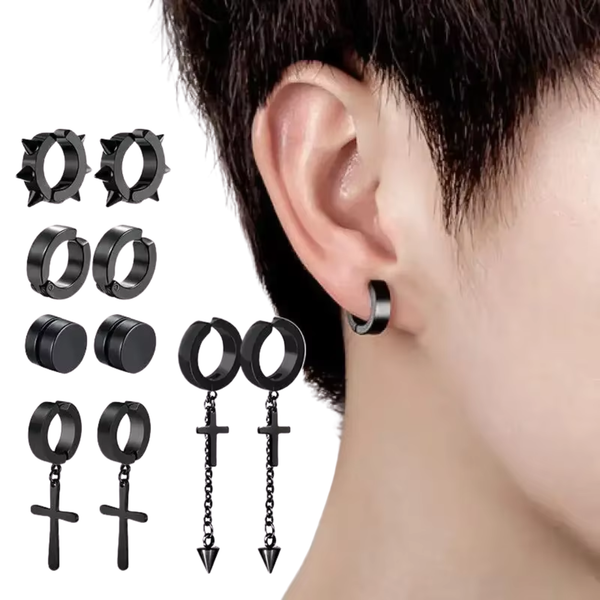 Set van 5 Paar - Fake Oorbellen Zwart - Stainless Steel - Nep Piercing - Klem Oorbellen Oorpiercing - Nep Helix - Spikes & Kruis - Metaal