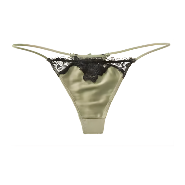 Sexy Dames String – Licht Groen - Satijn &  Zwart Kant - Dunne Bandjes – Lingerie Voor Vrouwen - Comfortabel Ondergoed - Slip / Onderbroek - Maat M