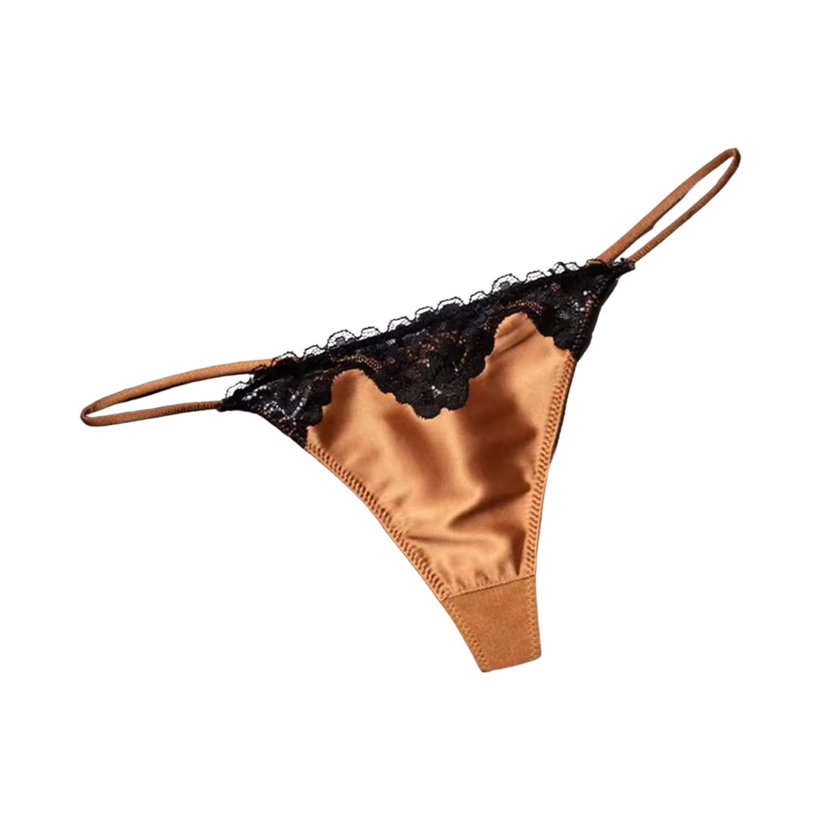 Sexy Dames String – Oranje - Satijn &  Zwart Kant - Dunne Bandjes – Lingerie Voor Vrouwen - Comfortabel Ondergoed - Slip / Onderbroek - Maat L