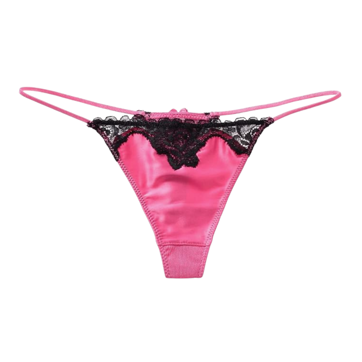 Sexy Dames String – Fel Roze - Satijn &  Zwart Kant - Dunne Bandjes – Lingerie Voor Vrouwen - Comfortabel Ondergoed - Slip / Onderbroek - Maat M