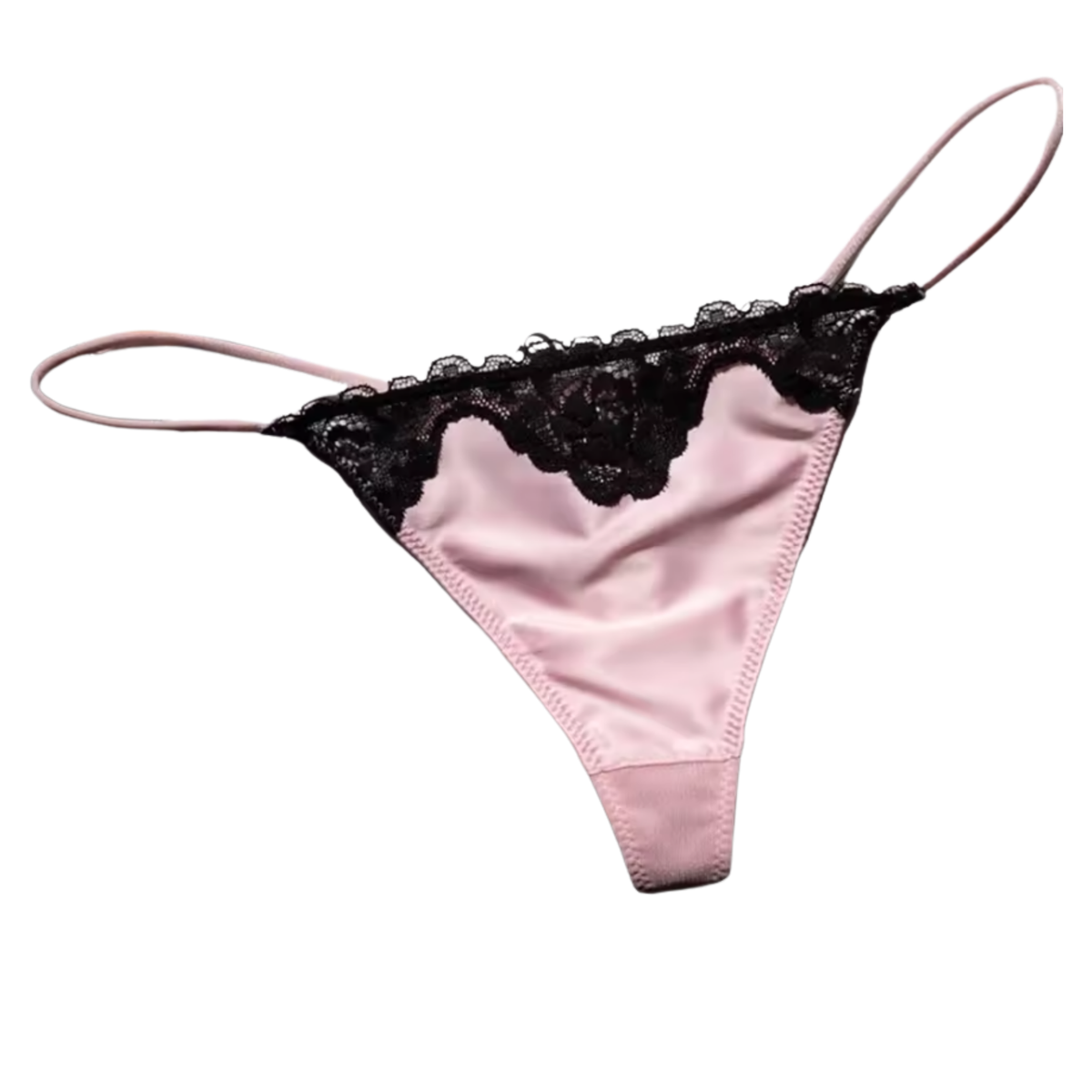 Sexy Dames String – Licht Roze - Satijn &  Zwart Kant - Dunne Bandjes – Lingerie Voor Vrouwen - Comfortabel Ondergoed - Slip / Onderbroek - Maat L