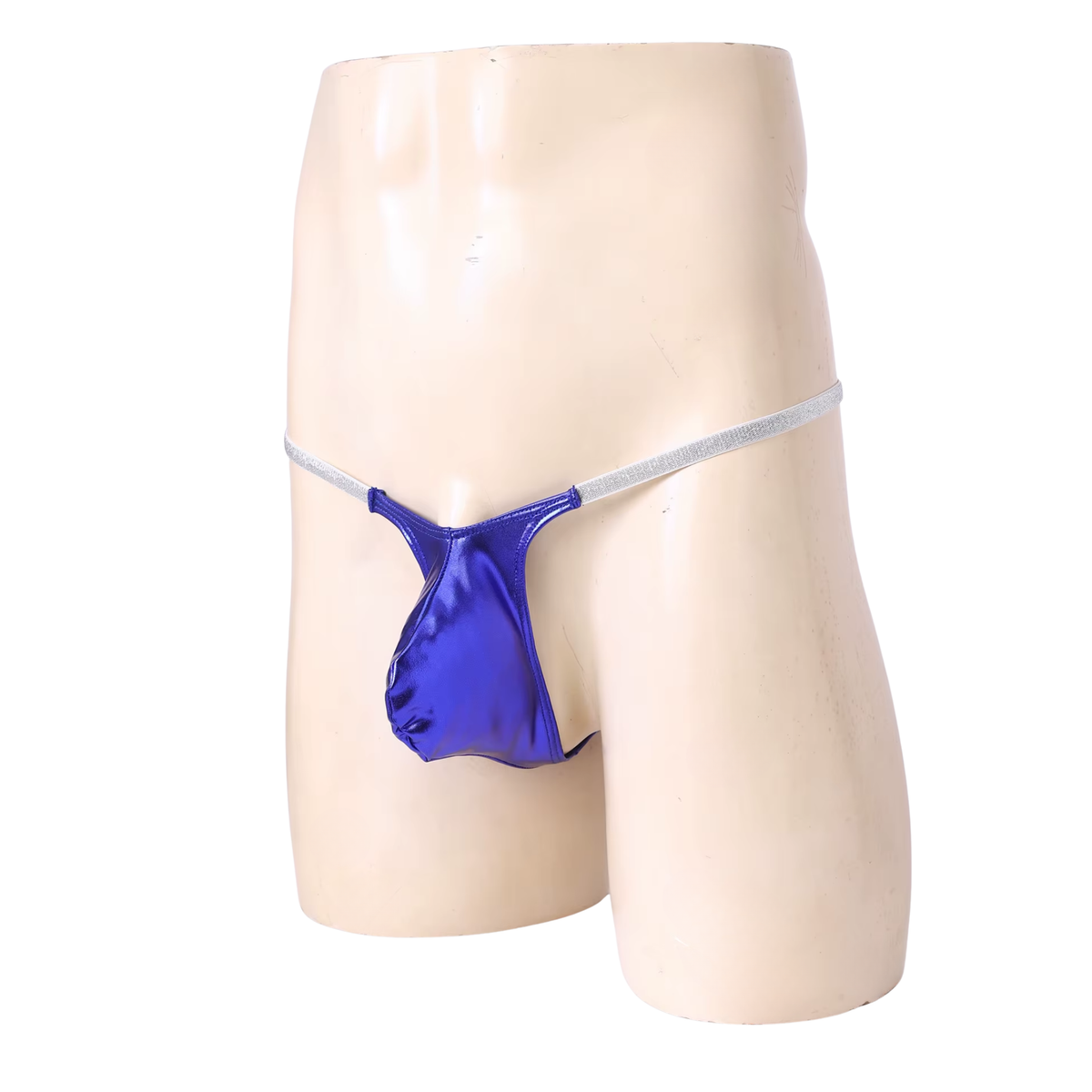 Heren Glanzende G-String – Donkerblauw - Sexy Blauw Pouch Ondergoed - Mini String - Smalle Zilveren Bandjes - Lage Taille & Hoge Elasticiteit – Ondergoed / Onderbroek / Slip - Mannen Lingerie - One Size