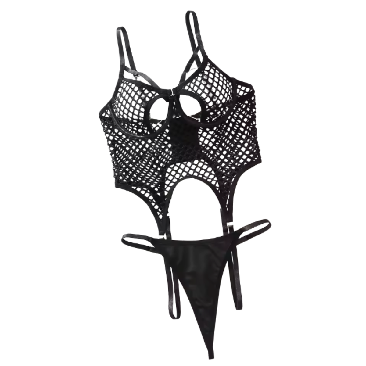 Sexy Visnet Bodysuit Set - Body Met Open Kruis & Losse String - Fishnet Body - Stretch - Open Cups - Zwart - Vrouwen Lingerie - Dames Ondergoed - Maat M