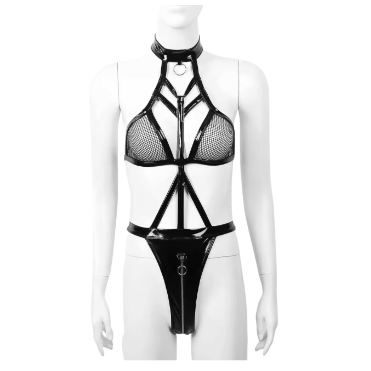 Sexy Bodysuit - Leather Look Lingerie - Body Met Visnet / Mesh Cups - Leren String Met Rits - Halter Met Ring - Zwart - BDSM - Vrouwen Lingerie - Dames Ondergoed - Maat XXL / 2XL