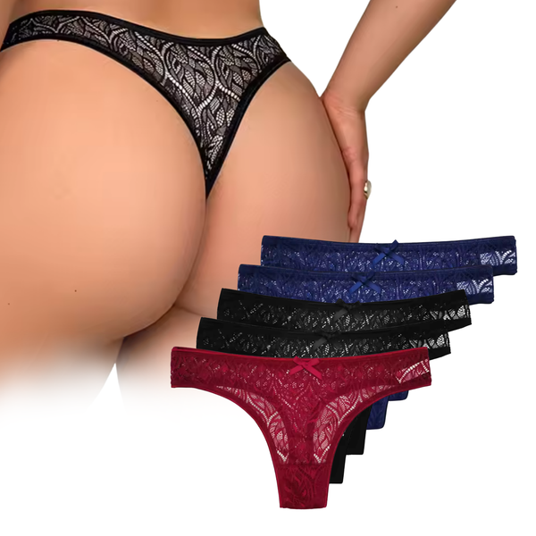 5 Pack - Kanten Strings Met Sexy Patroon – Plus Size – Verleidelijk en Comfortabel Dames Ondergoed - 2x Zwart, 2x Blauw en Rood - Onderbroeken / Slips Voor Vrouwen - Maat 2XL