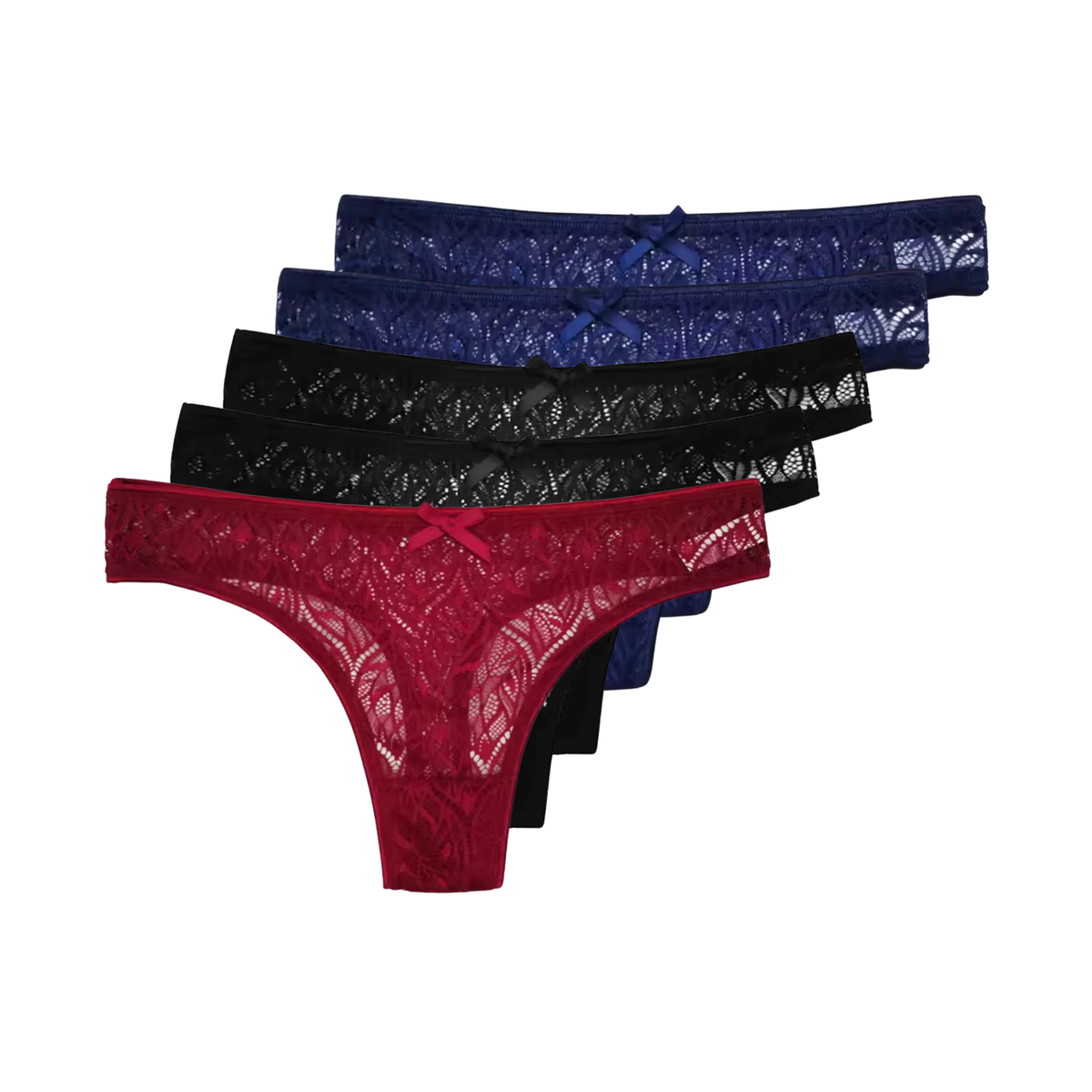 5 Pack - Kanten Strings Met Sexy Patroon – Plus Size – Verleidelijk en Comfortabel Dames Ondergoed - 2x Zwart, 2x Blauw en Rood - Onderbroeken / Slips Voor Vrouwen - Maat 4XL