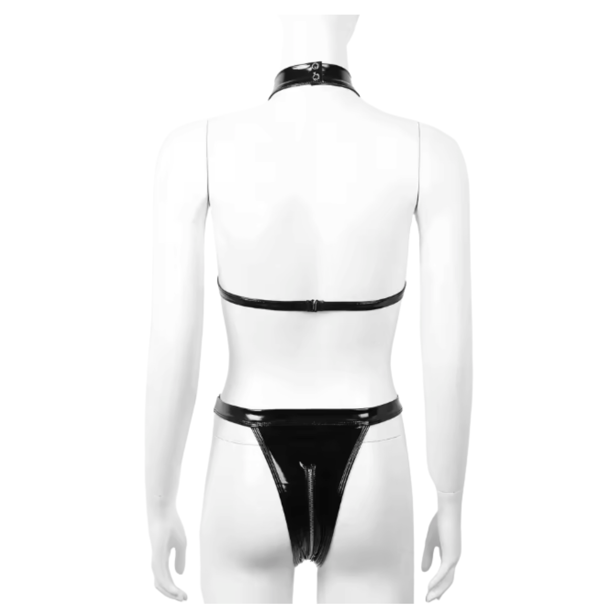 Sexy Bodysuit - Leather Look Lingerie - Body Met Visnet / Mesh Cups - Leren String Met Rits - Halter Met Ring - Zwart - BDSM - Vrouwen Lingerie - Dames Ondergoed - Maat XXL / 2XL