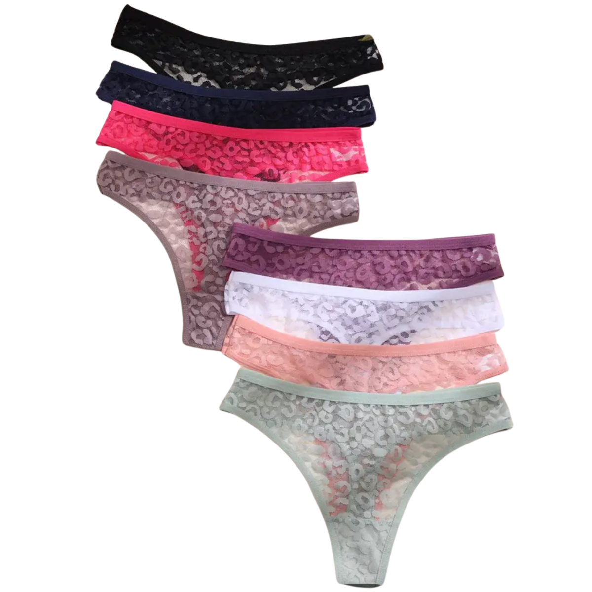 8 Pack - Sexy Dames String - Groen, Paars, Wit, Donker Roze, Taupe, Licht Roze, Donker Blauw en Licht Blauw - Onderbroek met Panter Print Design - Dames Lingerie / Ondergoed Set - Maat S