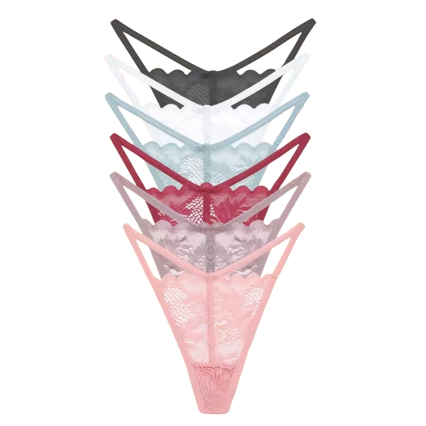 6 Pack Kanten Strings – Zachte, Sexy & Comfortabele Lingerie – Dames Ondergoed - Onderbroeken en Slips Voor Vrouwen - Zwart / Wit / Groen / Rood / Taupe / Roze - Maat L