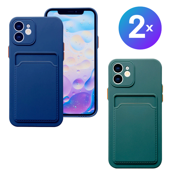 Set van 2 - Stevig TPU Hoesje - Geschikt voor Apple iPhone 15 - Met Kaarthouder - Donkergroen & Donkerblauw - Shockproof Case met Pasjeshouder - TPU Hoes Met Vakje Voor Pasje - Card Case Back Cover