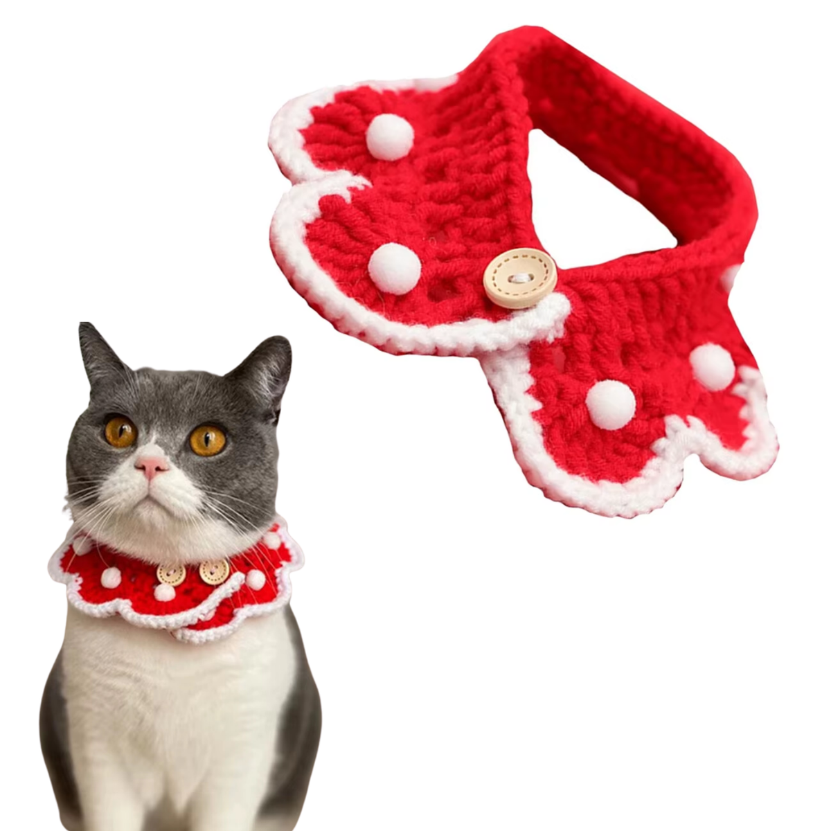 Kerst Kraagje voor Katten - Rood Wit Gebreide Halsband - Verstelbaar - met Pompoms - Kerst Accessoire Katten en Poezen - Kattenkleding - Maat S