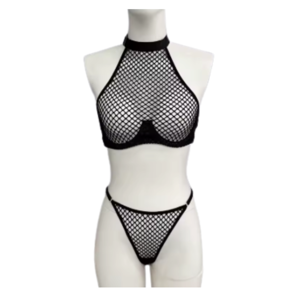 Sexy 2-Delige Visnet Lingerie Set - Halter Top & String - Fishnet Setje - Bralette - Verstelbare Bandjes - Met Beugel - Vrouwen Lingerie - Dames Ondergoed - BDSM - Zwart - Maat S