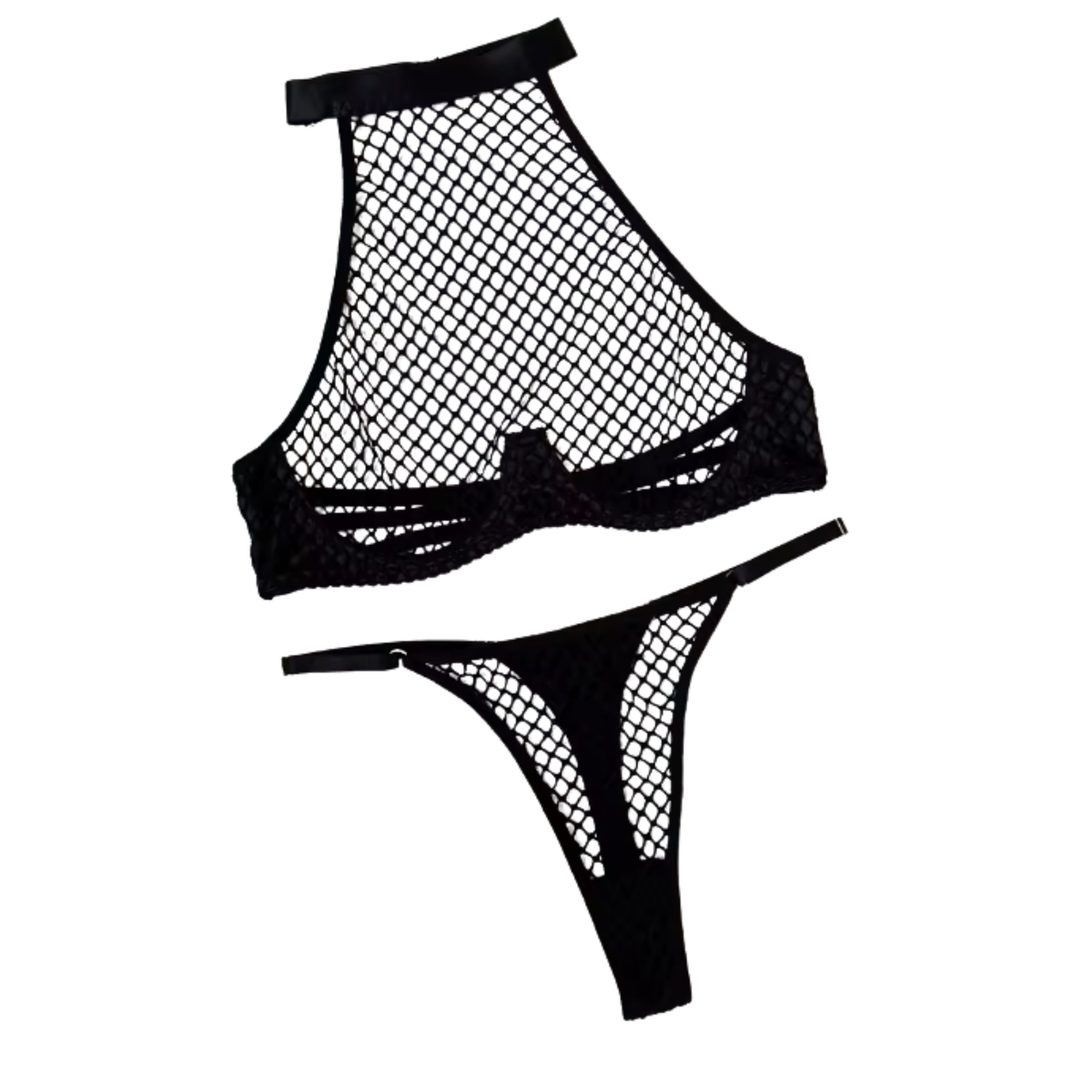 Sexy 2-Delige Visnet Lingerie Set - Halter Top & String - Fishnet Setje - Bralette - Verstelbare Bandjes - Met Beugel - Vrouwen Lingerie - Dames Ondergoed - BDSM - Zwart - Maat S