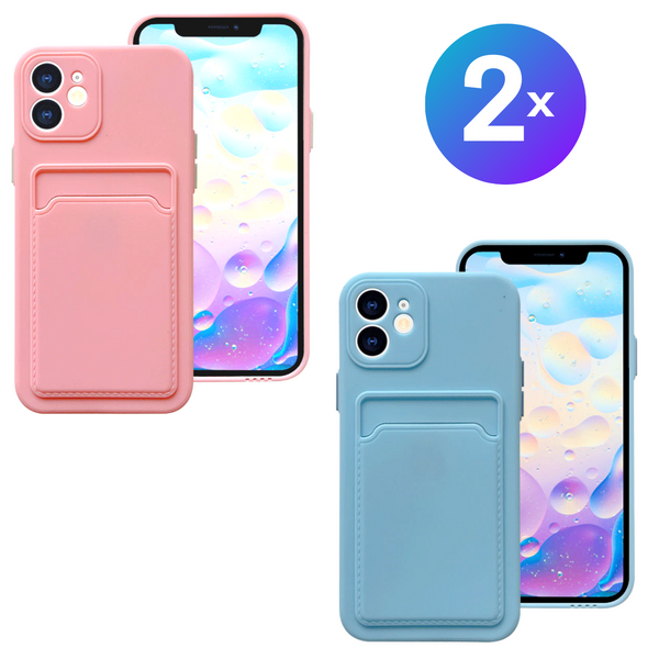 Set van 2 - Stevig TPU Hoesje - Geschikt voor Apple iPhone 15 Plus / 15+ Plus  - Met Kaarthouder - Roze & Lichtblauw - Shockproof Case met Pasjeshouder - TPU Hoes Met Vakje Voor Pasje - Card Case Back Cover
