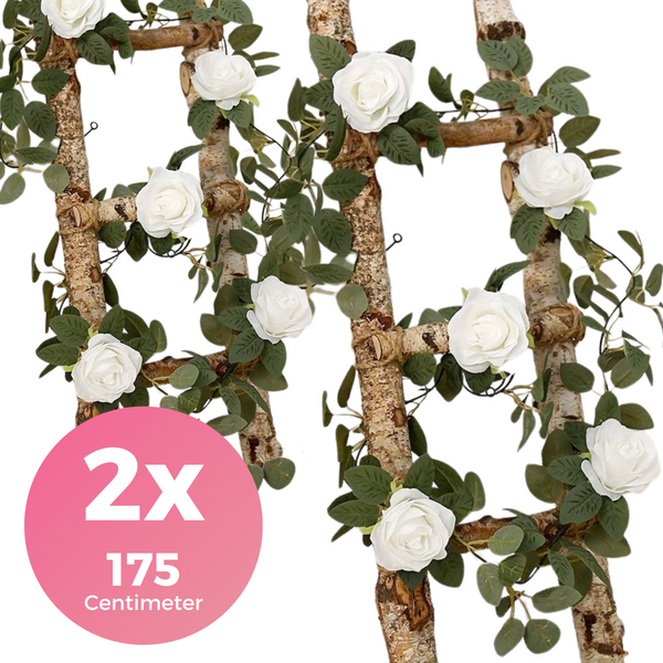 Bloemenslinger Rozen - 2 Stuks - 2 x 175 CM - Fiets en Interieur - Witte Roos - Stijlvolle Bloemenstreng voor Fietsmand of Stuur - 350 CM Bloemen - Plastic Kunstbloemen Fiets Slinger