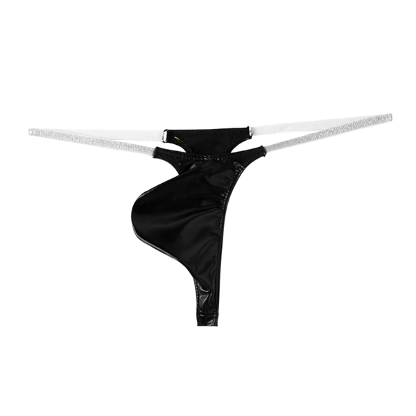 Heren Glanzende G-String – Zwart - Sexy Pouch Ondergoed - Mini String - Smalle Zilveren Bandjes - Lage Taille & Hoge Elasticiteit – Ondergoed / Onderbroek / Slip - Mannen Lingerie - One Size