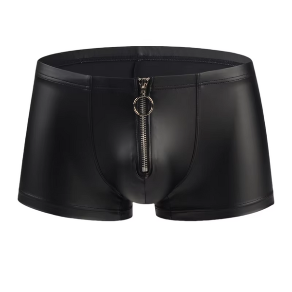 Sexy Heren Boxershort met Rits - Latex Look - Heren Onderbroek - Erotisch Ondergoed - Zwart - Mannen Lingerie String - Maat XXL
