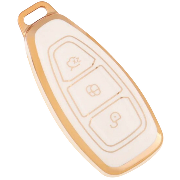 Zachte TPU Sleutelcover - Geschikt voor Ford Focus / Fiesta / Kuga / Fusion / Mondeo / Ecosport / ST - Wit Goud Metallic - Sleutel Hoesje Cover - Randen Goud - Auto Accessoires