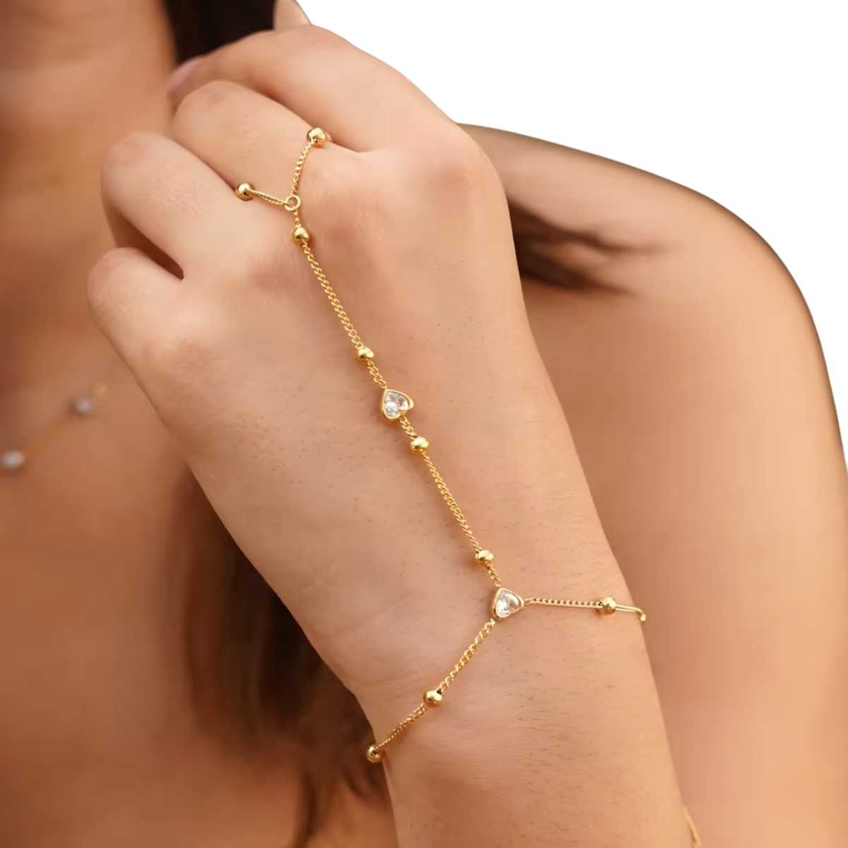 Handketting - Goud - Ketting Met Hartjes & Bolletjes - Handsierraad Goudkleurig - Armband & Ring Dames - Hand Sierraad Ketting