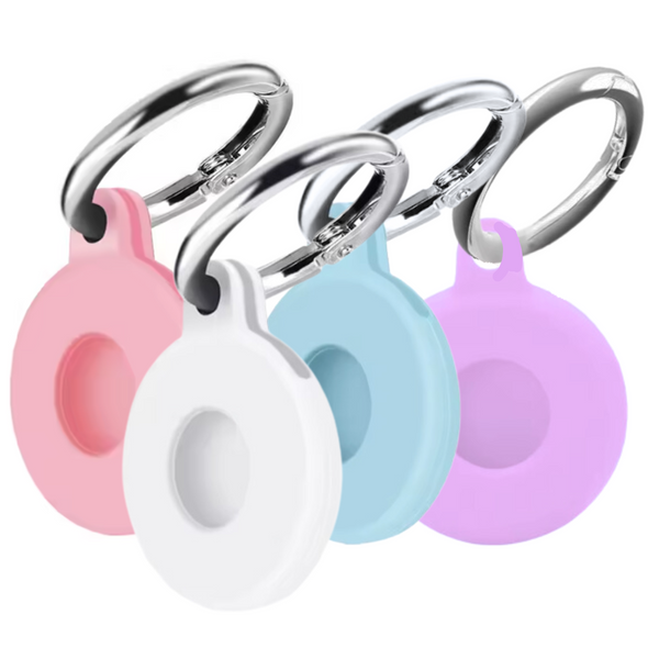 Sleutelhanger Geschikt voor Apple Airtag - 4 Pack - Tassenhanger / Kofferhanger - Pastelkleuren - Wit, Blauw, Roze en Paars - Airtag Houder - Airtag Hanger - Case - Airtag Hoesje - Siliconen Houder