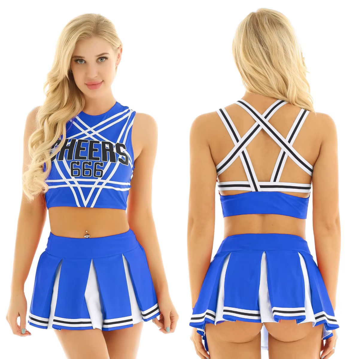 Sexy Cheerleader Kostuum - 2-delig Blauw Verkleedpakje - Rokje & Korte Top Met Open Rug - Rollenspel / Cosplay - Lingerie Ondergoed voor Dames - Maat XXL / 2XL