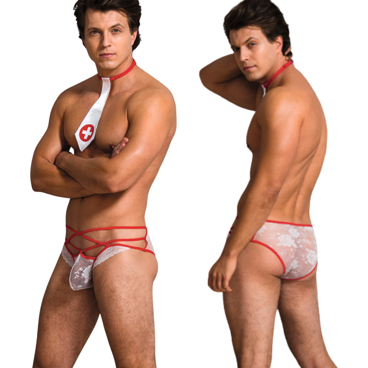 2-Delig Sexy Heren Lingerie - Dokter / Verpleger / Arts - String & Stropdas - Rood & Wit - Mannen - Heren Kostuum - Vrijgezellenfeest / Cosplay / Rollenspel / Roleplay - Maat L