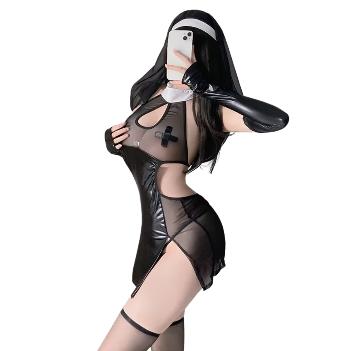 Sexy Nonnen Pakje - 3-Delig Non/Zuster Kostuum Rollenspel - Cosplay & Roleplay - Anime - Latex-look - Jurk, Sluier en Handschoenen - Zwart - XL