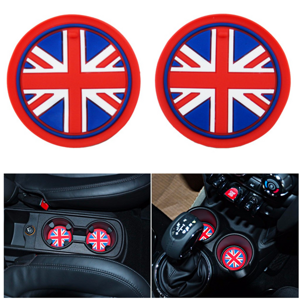Set van 2 Bekerhouder Inleggers - Engelse Vlag - Blauw, wit & rood - Geschikt voor Mini Cooper / Cooper S / Clubman / Countryman - Rubberen Bekerhouders Onderzetters - Siliconen - Mini Auto Accessoires