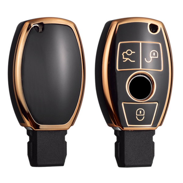Zachte TPU Sleutelcover - Sleutelhoesje Geschikt voor Mercedes Mercedes A Klasse / B Klasse / C Klasse / G Klasse / CLA / CLS / GLA / GL / SLK / AMG - Zwart - Randen Goud - Sleutel Hoesje Cover - Auto Accessoires
