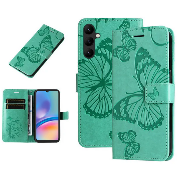Hoesje Vlinders Groen geschikt voor Samsung Galaxy A05s - Portemonnee Book Case - Boekje Met Kaarthouder / Pasjeshouder en Magneetsluiting - Booklet - Wallet Beschermhoes - Telefoonhoesje
