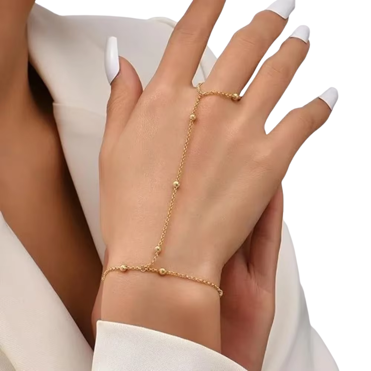 Handketting - Goud - Ketting Met Bolletjes - Handsierraad Goudkleurig - Armband & Ring Dames - Hand Sierraad Ketting