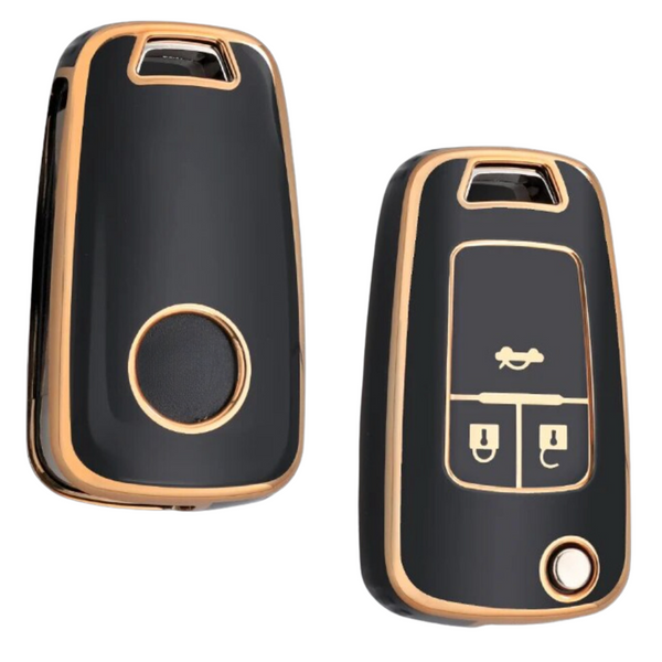 Zachte TPU Sleutelcover - Geschikt voor Opel Astra / Corsa / Insignia / Mokka / Zafira / Insignia / Chervrolet Cruze / Spark - 3 Knops - Zwart met Goud - Sleutel Hoesje Cover - Auto Accessoires