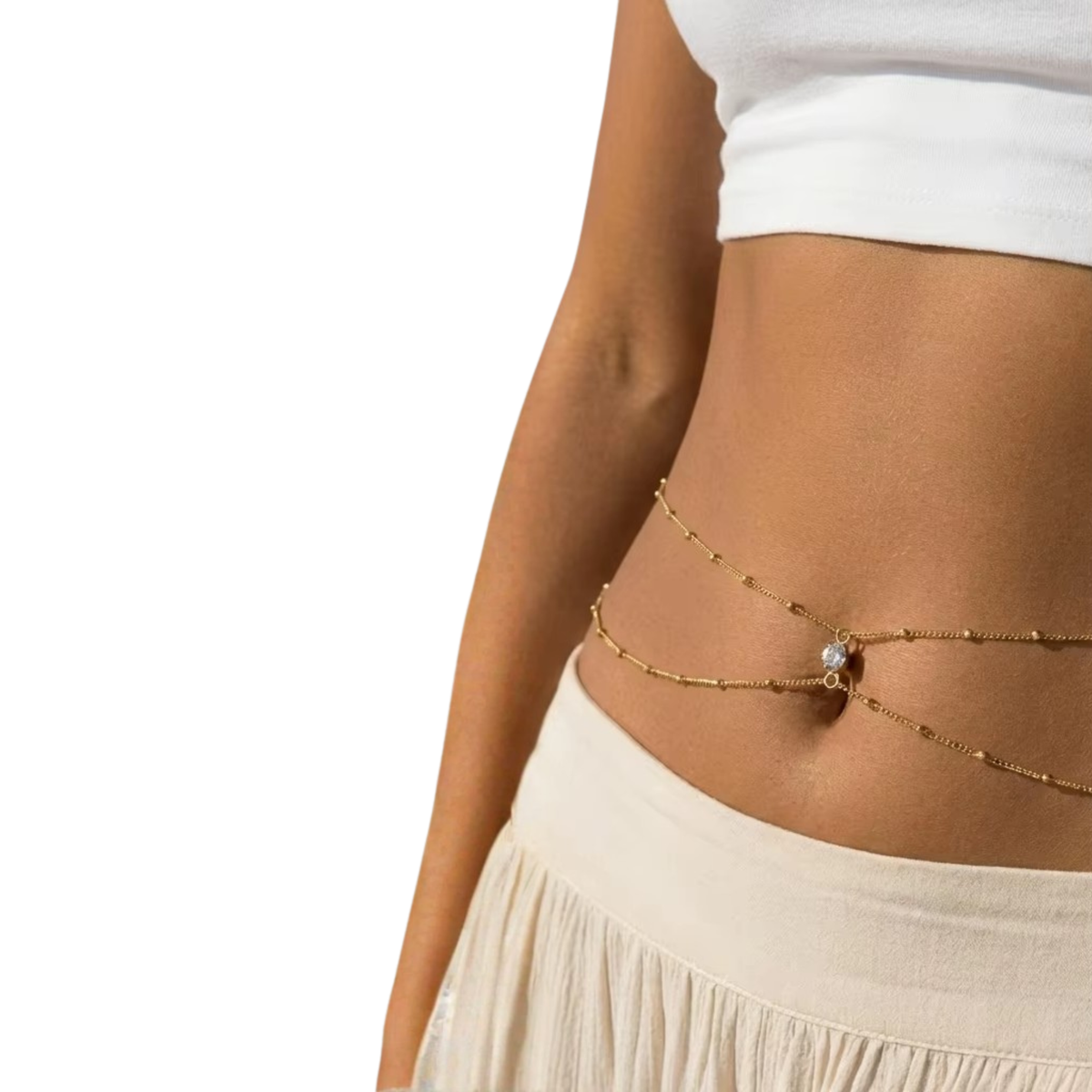 Belly Chain - Goud - Dubbele Ketting Met Bolletjes En Steentje - Buikketting Goudkleurig - Zomerse Tailleketting - Heupketting Dames - Buik Ketting