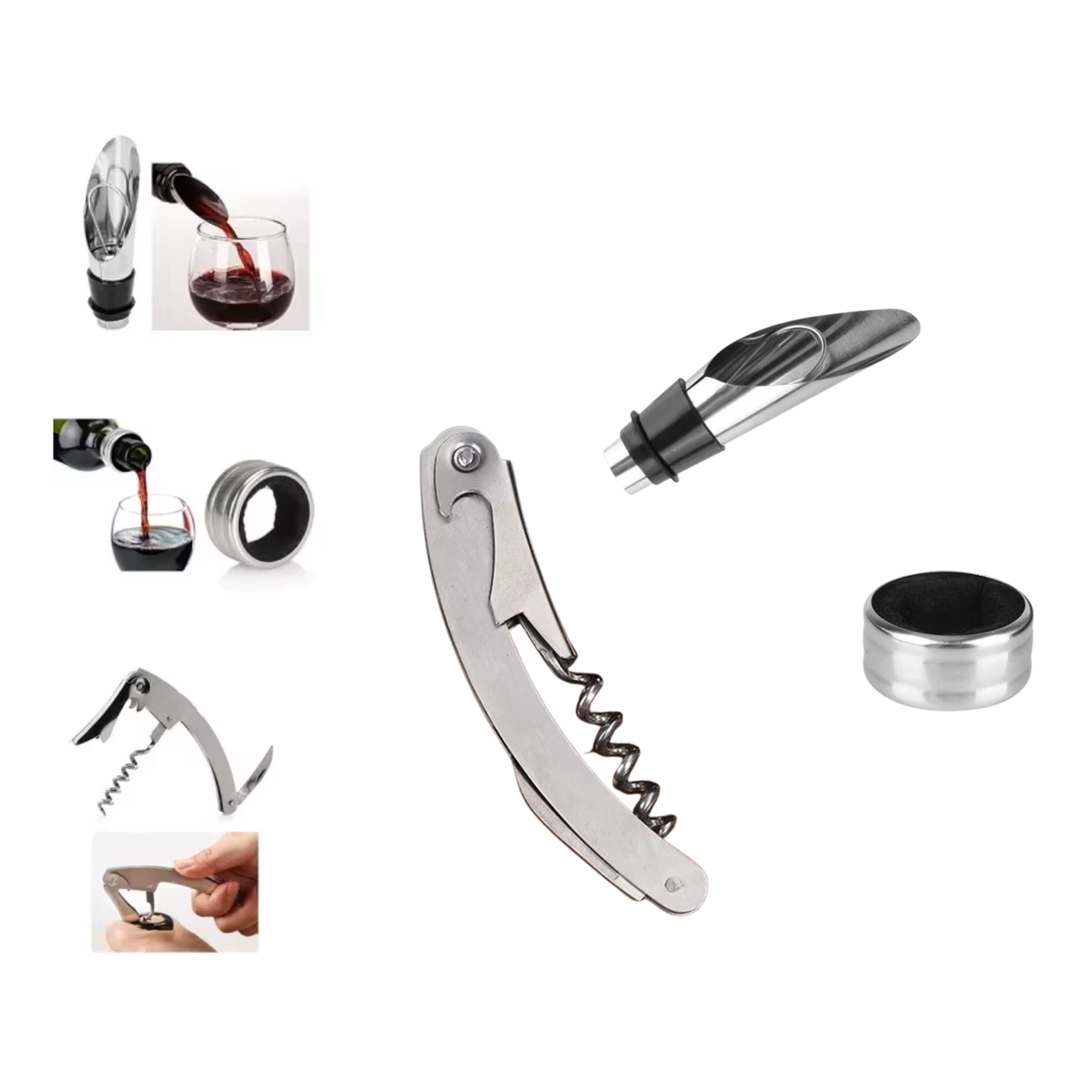 Wijn Tools Set - Cadeauset - 3 Wijn Tool Accesoires in Fles - Opener, Fleskraag en Schenktuit - Geschenkset - Drank Cadeau - Flesopener / Wijnopener / Kurkertrekker - Moederdag / Vaderdag / Kerst / Verjaardag - Cadeauverpakking