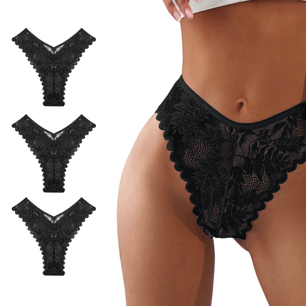 [EOL] [CONCEPT] High Waist Dames String met Kant - 3 Pack - Zwart - Vrouwen Lingerie / Ondergoed Set - Maat M