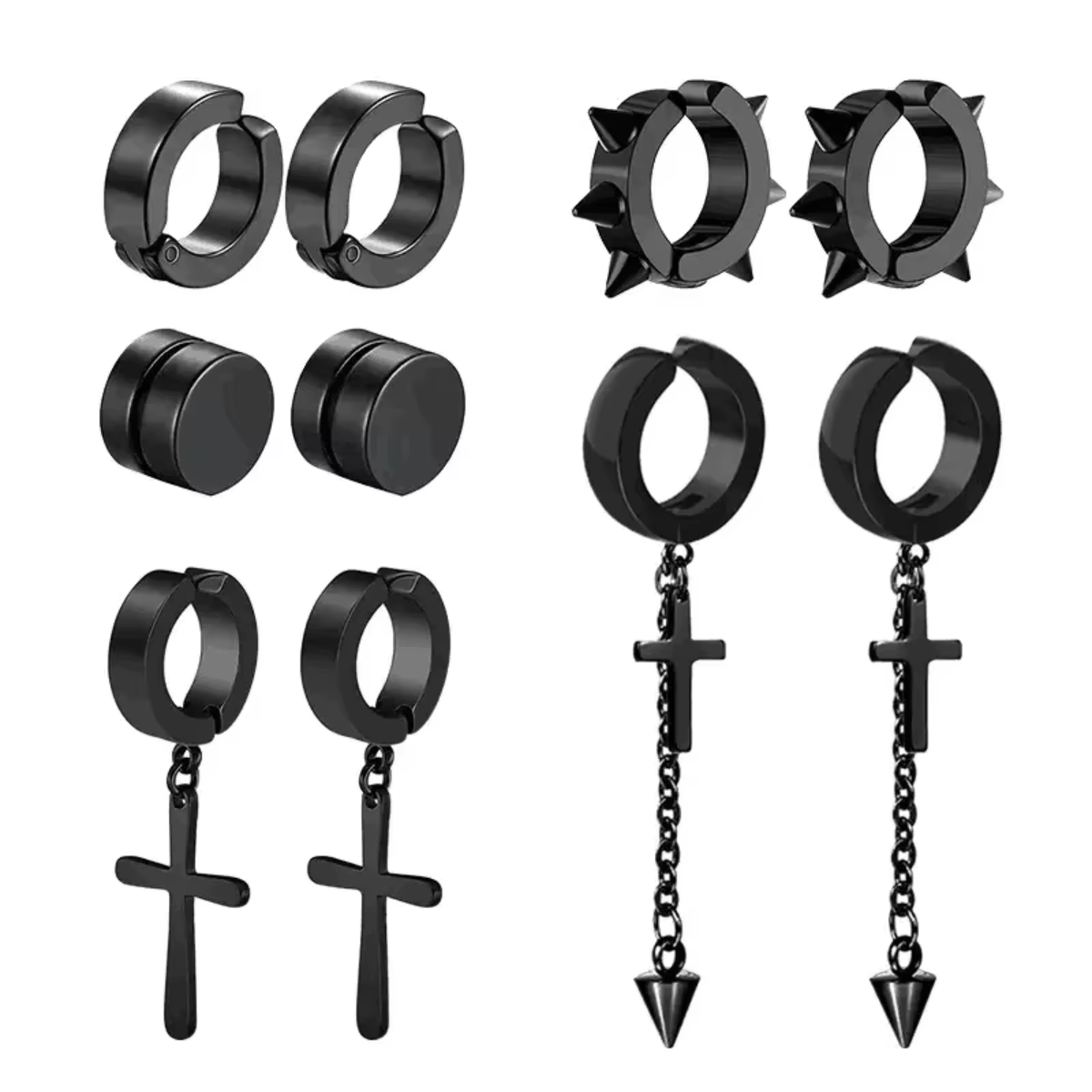 Set van 5 Paar - Fake Oorbellen Zwart - Stainless Steel - Nep Piercing - Klem Oorbellen Oorpiercing - Nep Helix - Spikes & Kruis - Metaal