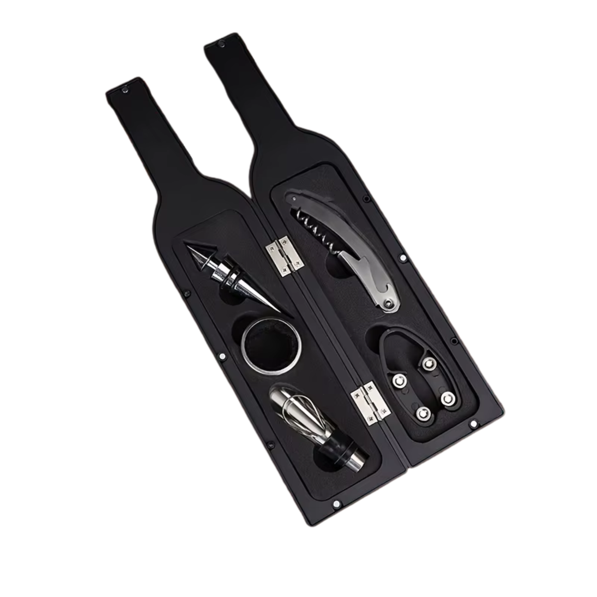 Wijn Tools Set - Cadeauset - 5 Wijn Tool Accesoires in Fles - Opener, Foliesnijder, Fleskraag, Schenktuit en Wijnstopper - Geschenkset - Drank Cadeau - Flesopener / Wijnopener / Kurkertrekker - Moederdag / Vaderdag / Kerst / Verjaardag - Cadeauverpakking