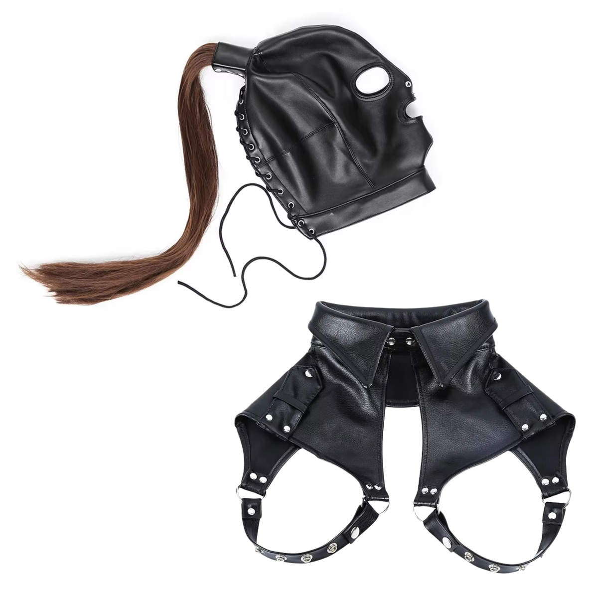 Masker & Harnas - Leder Look / PU Leer - Met Afneembare Staart - Zwart - BDSM / Roleplay / Cosplay / Rollenspel - Unisex - Sex Speeltjes Toys - Erotiek - Bondage Masker - OneSize