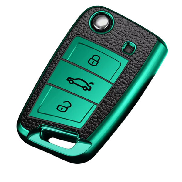 TPU Sleutelcover - Sleutelhoesje Geschikt voor Volkswagen Golf / Tiguan - Seat Leon / Ateca / Ibiza - Skoda Kodiaq / Octavia / Karoq - Metallic Groen en Zwart Leer - Flexibele Sleutel Cover - Zacht Hoesje - Auto Accessoires