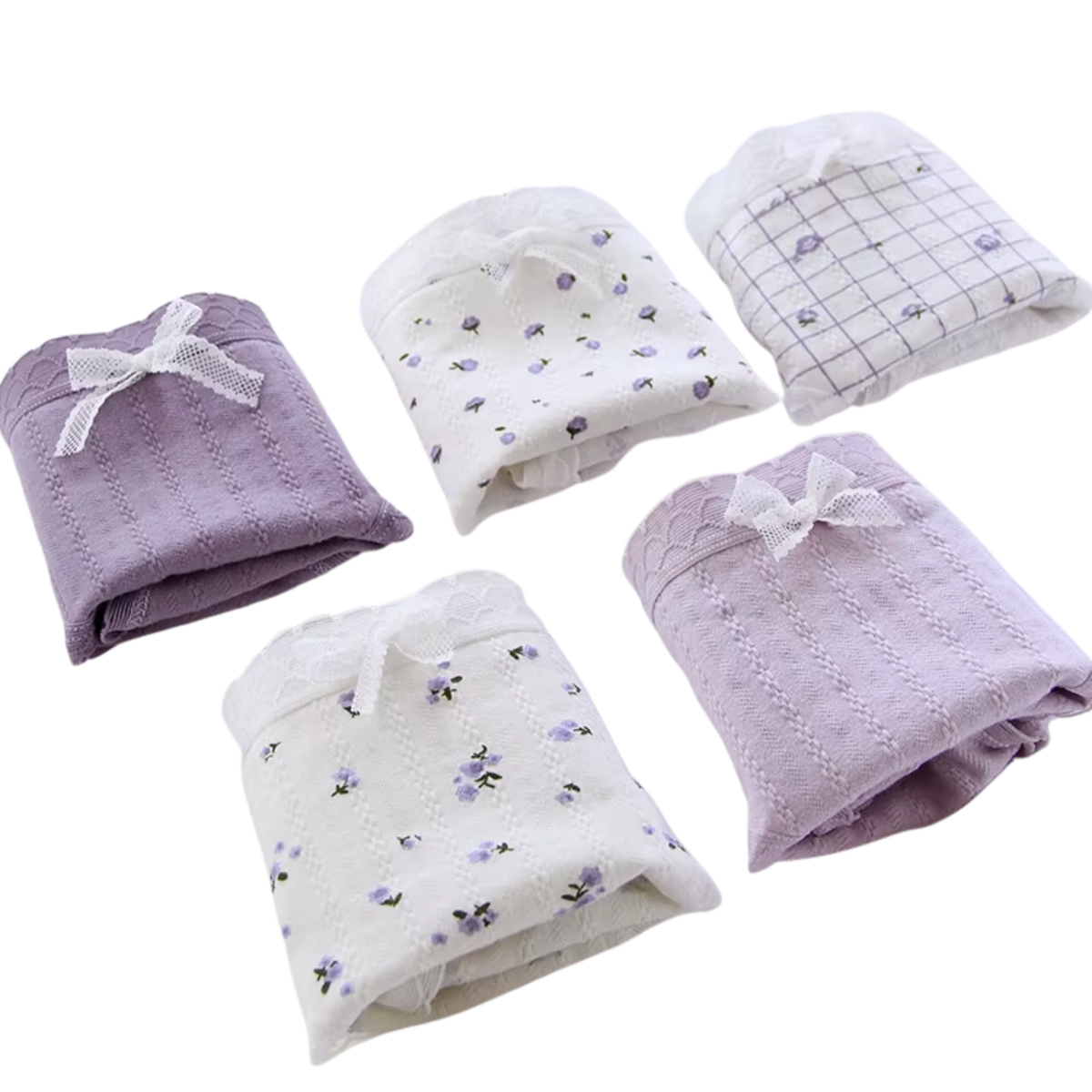 5 Pack - Schattige Dames Slip - Paars & Wit - Bloemetjes Design - Kant met Strikje - Kawaii - Onderbroek 95% Katoen - Cute Dames Lingerie / Ondergoed Set - Maat L