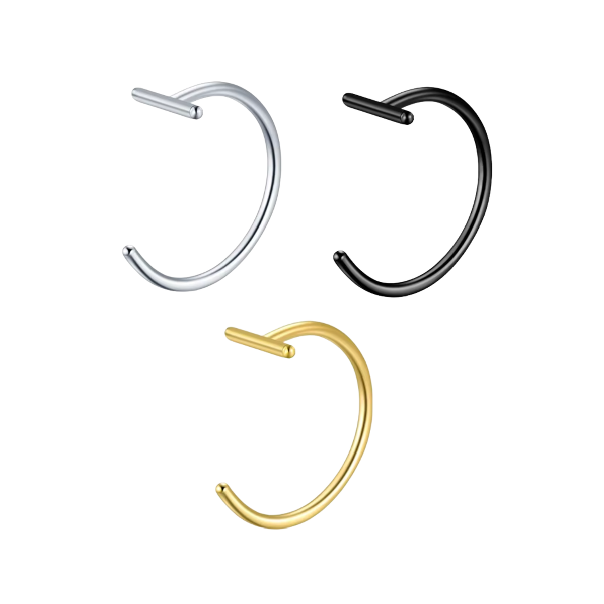 Set Van 3 Fake Piercings - Goud, Zilver en Zwart - Stainless Steel - Lippiercing / Neuspiercing / Oorpiercing - Neusring - Nep Piercing Ring - Verkleedaccessoires - 10mm